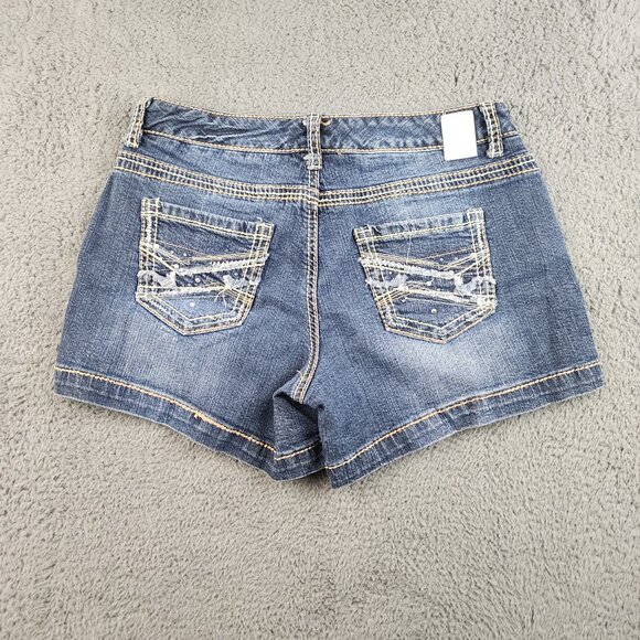 Y2K Women's Denim Micro Mini Shorts Size 5/6 Festival Booty Low Rise Embellished - Picture 2 of 10